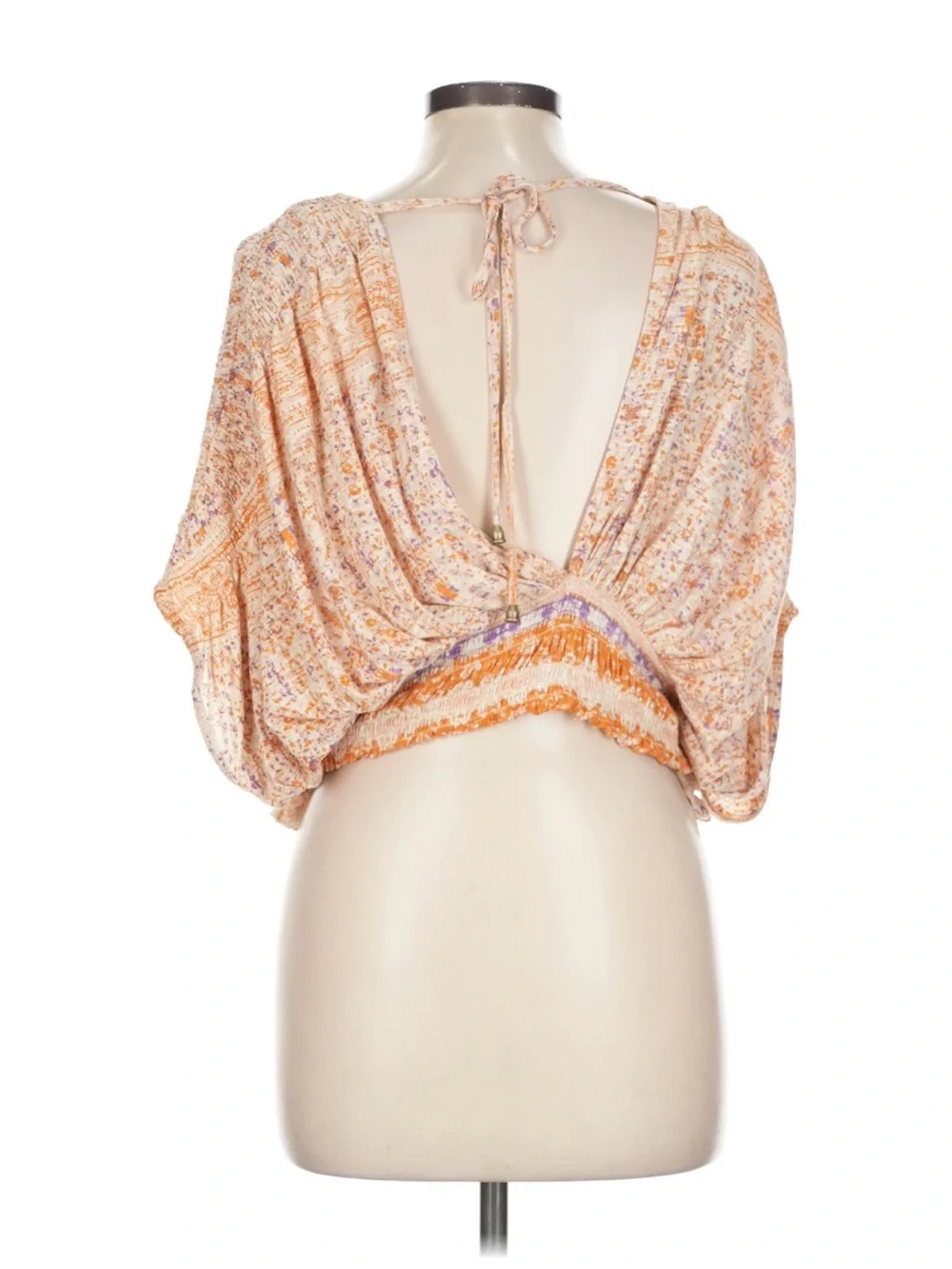 Free People Peach Floral V-Neck Cropped Blouse - Women Tops